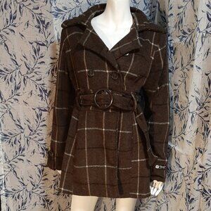 Brown Plaid Wool Blend Kenneth Blake New York Long Pea Coat